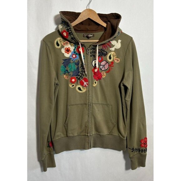 VTG Y2K Lucky Brand Hoodie Womens L Green Peace Love Boho Embroidered Full Zip - Picture 2 of 10